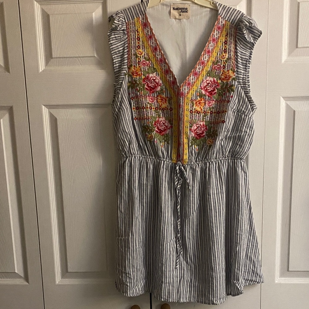 Blue Stripe Embroidered V-Neck Dress